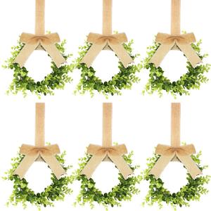 Yilloog 6 Pcs Mini Christmas Wreaths for Kitchen Cabinet 9" Small Christmas Artificial Boxwood Wreaths with Linen Bow Xmas Party Decor for Door Window Wall Farmhouse Hanging