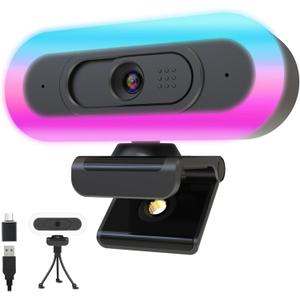 2K Webcam for PC,Streaming Computer Camera with Fill RGB Lights,Autofocus Webcam with Microphone and Cover,Plug-Play USB Web cam for Desktop Computer,Meeting,Gaming,Video Calling