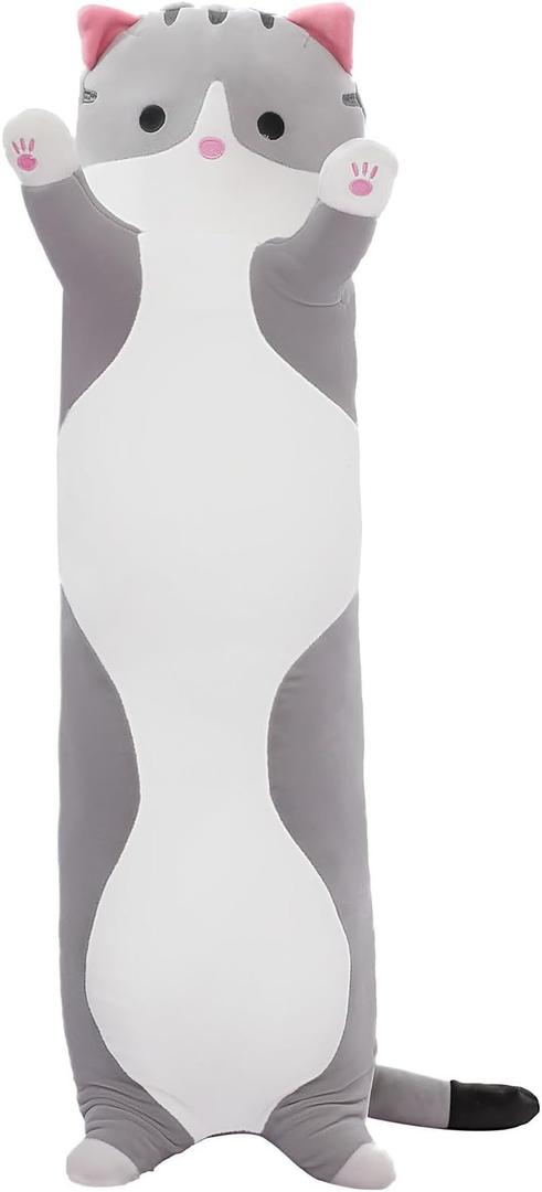 Cute Cat Plush Long Body Pillow Soft Cartoon Stuffed Animal Doll, Kawaii Cat Plushie Cuddle Toy for Kids, Girls & Girlfriend (Gray, 35.4 Inch)