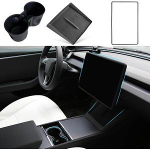 3PCS Center Console Accessories for Tesla New Model Y Juniper 2025 Model 3 Highland 2024 Cup Holder Insert, Screen Edge Protector Frame, Wireless Charger Mat Silicone, Black