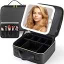 Travel Makeup Bag with LED Mirror,Travel Makeup Organizer with Removable LED Mirror,Makeup Case with Lighted Mirror 3 Color Setting,Black