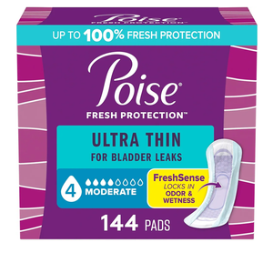 Poise Ultra Thin Incontinence Pads & Postpartum Pads for Bladder Leaks, 4 Drop Moderate Absorbency, Regular Length, 144 Count