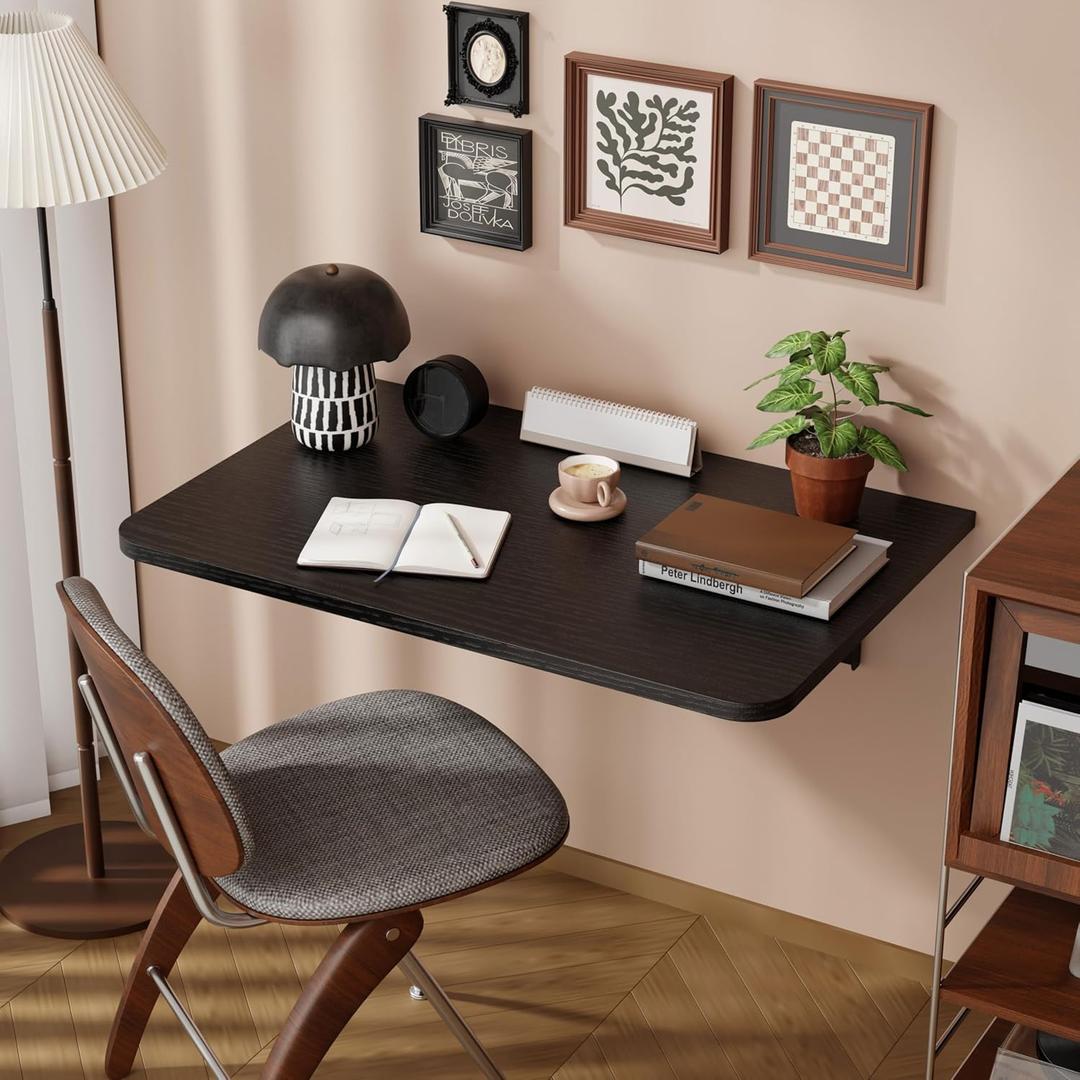 Dogsky Wall Mounted Folding Table, Floating Desk 24x15.7Inch, Fold Down Shelf Wall Mounted with Heavy Iron Brackets, Foldable Table for Launrdy Room, Office Study Work Bench, Kitchen Dining, Black