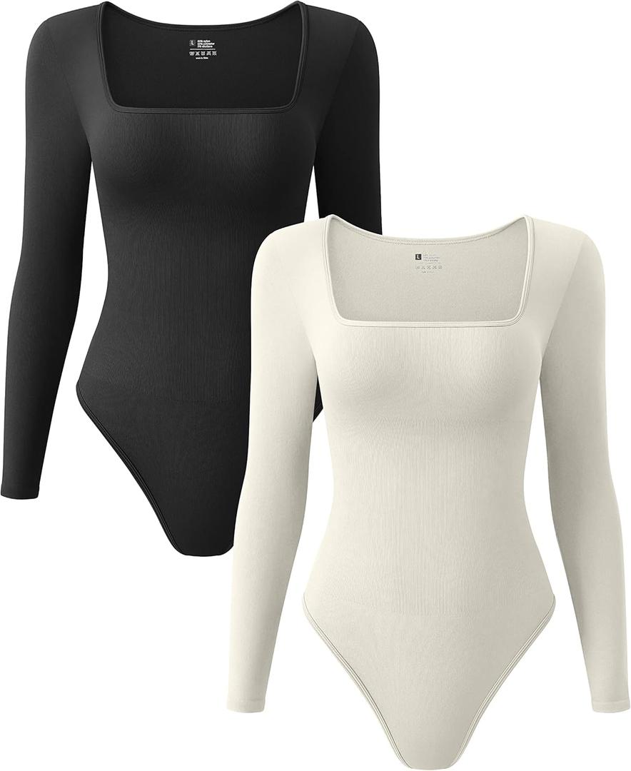 OQQ Women's 2 Piece Bodysuits Sexy Ribbed One Piece Square Neck Long Sleeve Tops (Large, Black Beige)