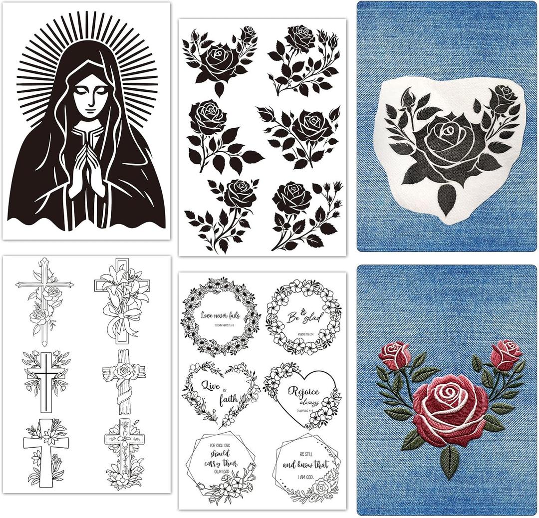 Rngmsi Water Soluble Embroidery Patterns - 4 Sheets Flower Bible Stick and Stitch Embroidery Designs, Guadalupe Floral Garland Theme Wash Away Transfer Paper Stabilizers for Hand Sewing