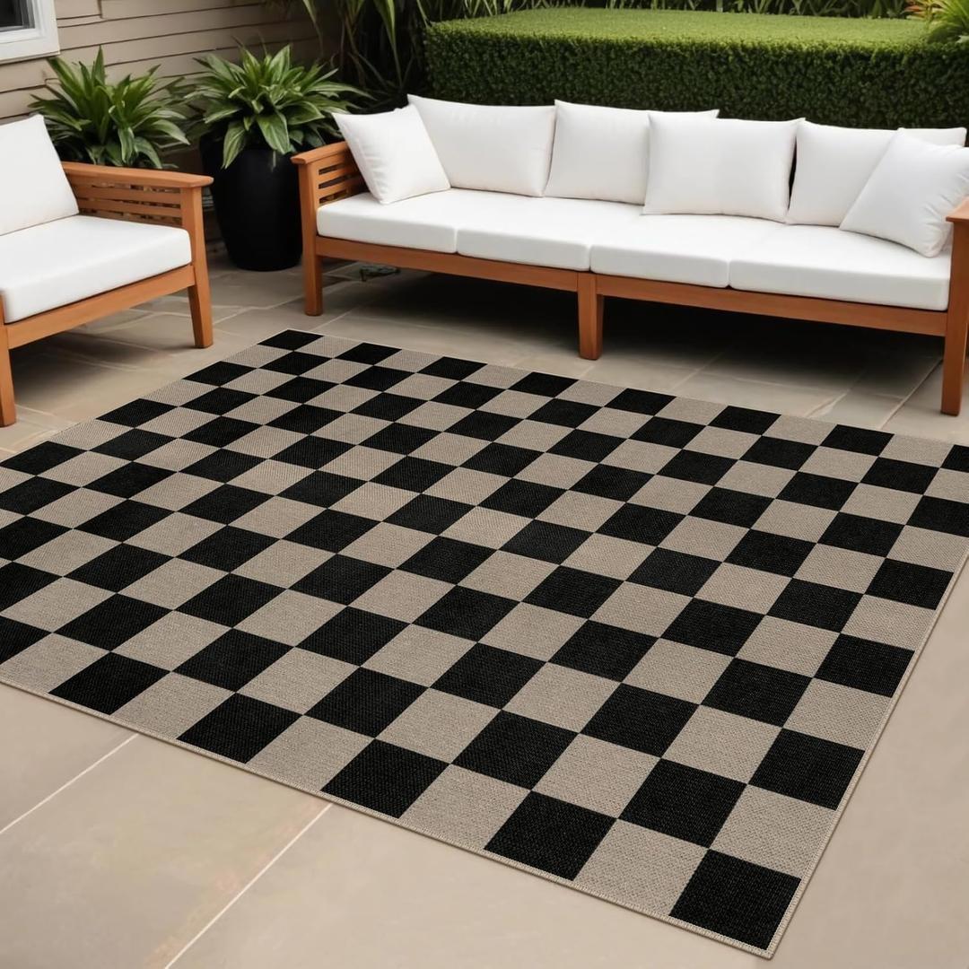 Easy Jute Black Checkered 5x7 Area Rug, Washable Modern Rugs for Living Room Non-Slip Checkerboard Bedroom Rug, Farmhouse Indoor Outdoor Carpet for Patio Dining Room Classroom