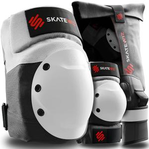 SKATEWIZ Knee and Elbow Pads Adult - Skating Protective Gear Adult Knee and Elbow Pads Set with Wrist Pads - SHIELD - Size M/L Grey White - Roller Skate Protective Gear for Women & Men