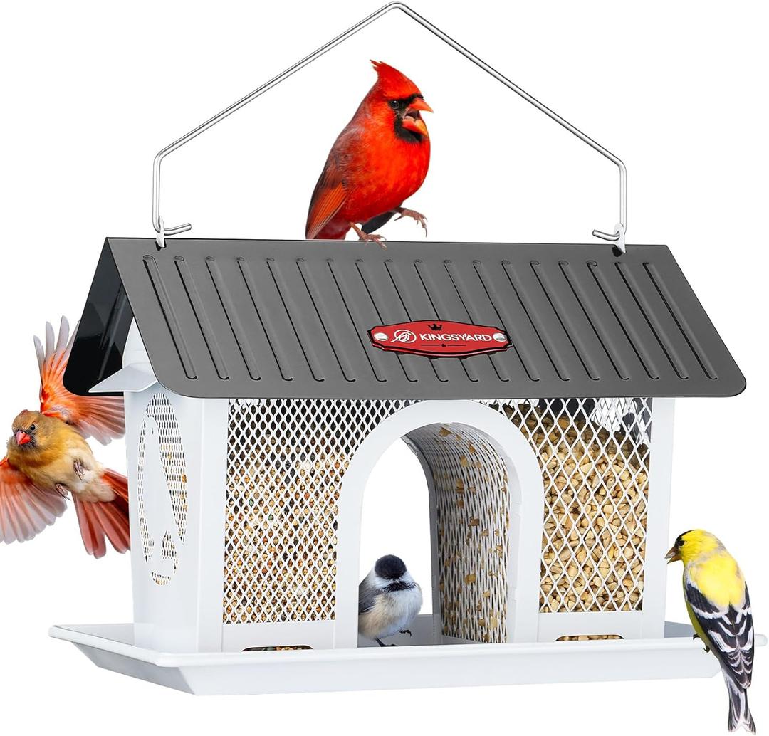 Kingsyard Metal Bird Feeder for Outdoors Hanging, Wild Bird Feeders with Weatherproof Roof & Seed Tray for Cardinal Finch Chickadee, White