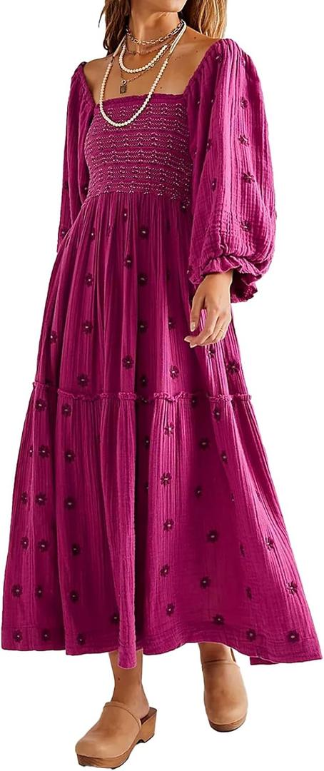 Women Floral Embroidered Maxi Dress Long Puff Sleeve Square Neck Bohemian Flowy Dress with Pockets Summer Fall (Medium, Rose)
