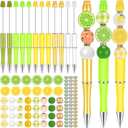Geyee 12 Set Plastic Beadable Pens Assorted Bead Pens Crystal Wood Round Spacer Set Black Ink DIY Ballpoint for Women Men Gift Office Supplies(Lemon)