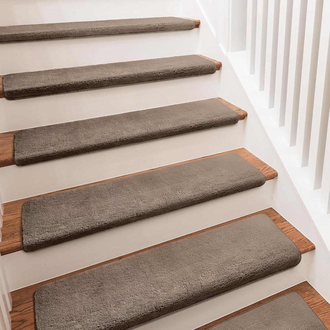 PURE ERA Carpet Stair Treads Ultra Plush 9.5" X 30"Soft Bullnose Indoor Stair Protectors Pet-Friendly Non-Slip Skid Resistant Tape Free Washable Reusable(14 Pieces,Brown)