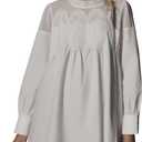 MISSACTIVER Floral Crochet Mini Dress for Women Sheer Lace Mesh Crew Neck Long Sleeve Pleated A Line Shirt Dresses (White, L)