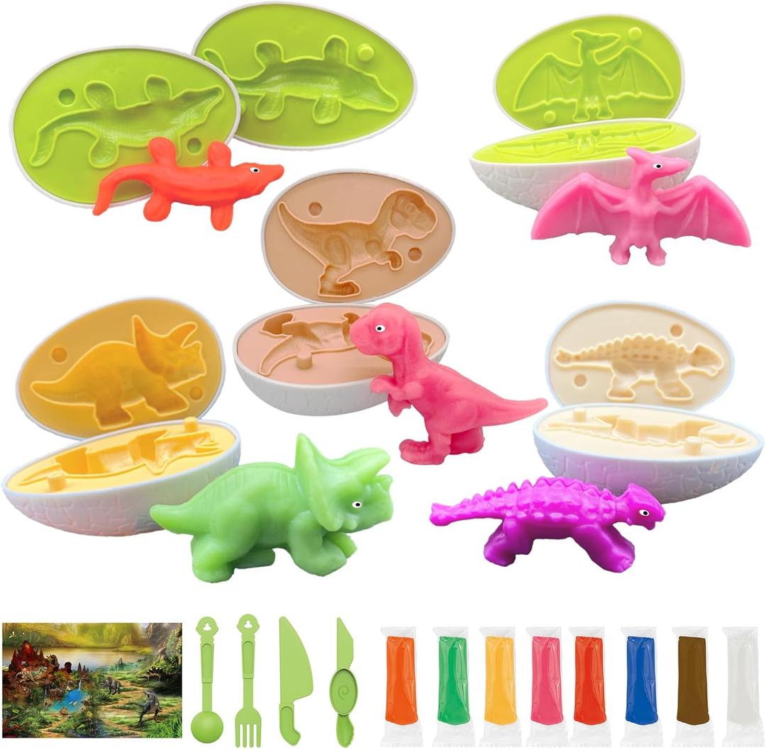 Playdough Dinosaur Eggs Sets for Kids Ages 3-6, Dinosaur Dough Play Molds, Play Clay Accessories Dinosaur Toys Present for 3 4 5 6 7 8 Year Old Girls Boys