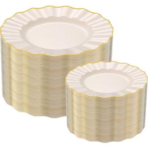 102Pcs Ivory White Plastic Plates with Gold Trim, Heavy Duty Wedding Plates, Elegant Disposable Plate Sets include 51 Dinner & 51 Dessert Plates for Party & Wedding(51 Guests)