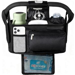 Universal Stroller Organizer with Insulated Cup Holder Detachable Phone Bag & Shoulder Strap, Bag Caddy Fits for Stroller like Uppababy, Baby Jogger, Britax, BOB, Umbrella & Pet Stroller