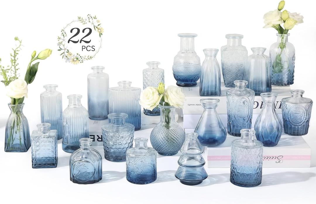 RUCKACE Bud Vases in Bulk 22 Blue Glass Small Vases Flower Vase Bulk for Centerpiece Table Wedding Decorations Home Decor Party(Gradient Blue 22 Pack)