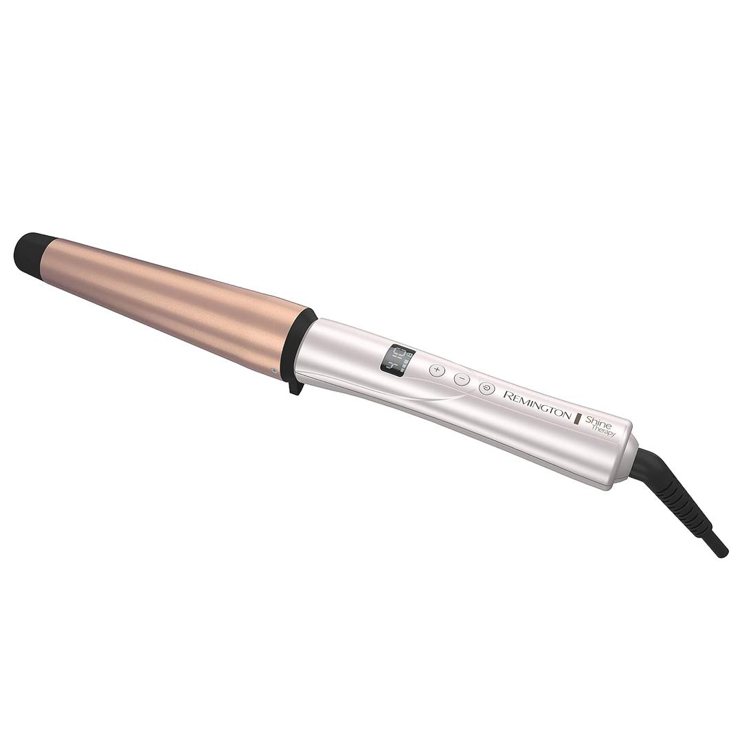 REMINGTON SHINE THERAPY Curling Wand, Infused with Argan Oil & Keratin, 1-1  Inch Tapered Curling Iron for Tousled Waves, includes Heat Glove (Champagne)