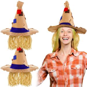 2 Pcs Thanksgiving Scarecrow Hats with Raffia Straw Hair Thanksgiving Scarecrow Hat Costume Accessories for Adult Women Men Cosplay