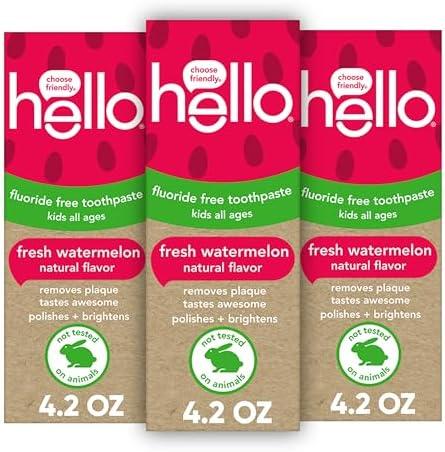 Hello Natural Watermelon Flavor Baby & Kids Fluoride Free Toothpaste, Vegan, SLS Free, Gluten Free, Safe to Swallow for Baby and Toddlers, 4.2 Ounce (Pack of 3) Exp 2027