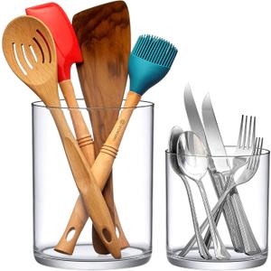 Amazing Abby - uPod - Plastic Utensil Holder (2-Piece Set), 7.5"+5.5" (H), Clear Utensil Crock and Flatware Caddy, Cooking Utensil Organizer for Kitchen Countertop, BPA-Free, Shatter-Proof (Not Glass)
