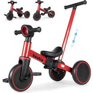 Kids Tricycle for Toddlers 1-3 with Push Handle, 5 in 1 Baby Balance Bike Toy for 1-4 Years Old Boys Girls Gift with Removable Pedals, Red (No Parent Steering Version)