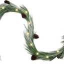 Jutom 9 ft Pre-lit Christmas Snowy Norfolk Pine Garlands White Frosted Real Touch Cedar Garland Artificial Long Needle Garland with Pine Cone Light for Xmas Mantle Table Stair Indoor Outdoor Decor