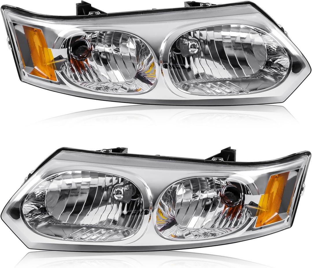 Headlight Assembly Compatible with Saturn Ion 2003-2007 Halogen Headlamp, OE-Style Head Lamp Replacement for GM2502231 GM2503231 15919399 15919400, Chrome Housing Amber Corner