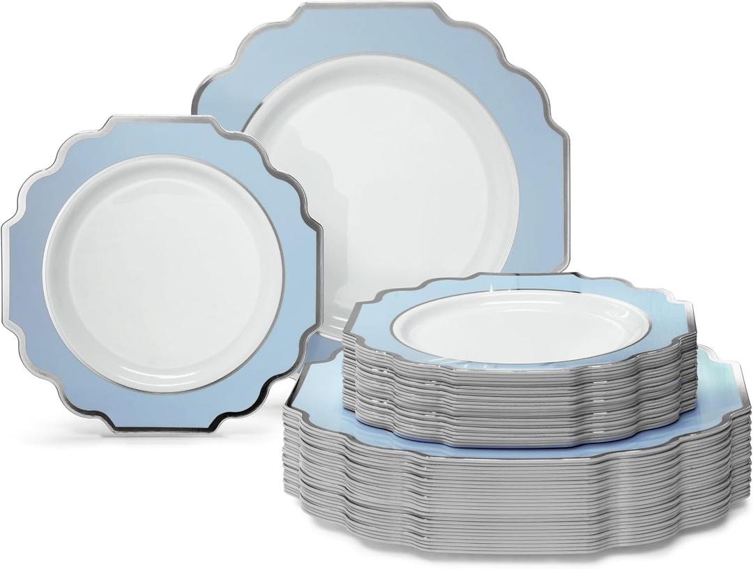 " OCCASIONS " 80 Plates Pack,(40 Guests) Heavyweight Premium Wedding Party Disposable Plastic Plates Set -40 x 10.5'' Dinner + 40 x 8'' Salad/Dessert (Imperial in White/Blue & Silver)