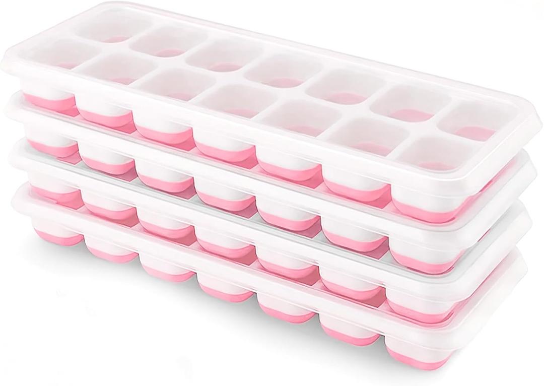 Ice Cube Trays 4 Pack, Airabc Silicone Ice Cube Trays with Removable Lid, Easy-Release Flexible 14-cube Ice Trays, LFGB Certified and BPA Free, Stackable Ice Trays with Covers for Cocktail, Freezer (Pink)