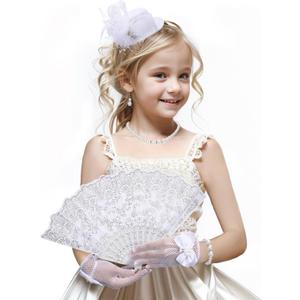 Tea Party Fascinator Set - Girls 1920s Costume Party, White High Tea Pary Church Top Hat with Pearl Necklace Earring Hand Fan and Lace Gloves Set