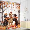 AMBZEK Fall Dog Shower Curtain 60Wx72L Inch Autumn Maple Trees Leaves Pumpkin Cartoon Lovely Puppy Funny Pets Lovers Artwork Cloth Fabric Waterproof Polyester Bathroom Decor Set with 12 Pack Hooks