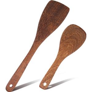 2 Pcs Wooden Spatula Set for Cooking, Flat Wooden Spatula, 13 Inches Natural Wooden Spatulas, Long Handle Flat Frying Spatulas, Cooking Utensils for Stir-Fry Pans, Non-Stick Pans, Cooking Pots