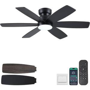 46 Inch Modern Ceiling Fans with Lights Remote/APP Control, Low Profile Ceiling Fan with Light, Flush Mount, 3CCT, 6 Reversible Blades, 6 Speeds, Double Sided for Bedroom Living Room, Black