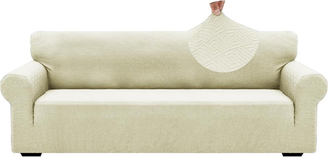 ZNSAYOTX 1 Piece Jacquard Couch Covers for 3 Cushion Couch High Stretch Sofa Cover for Pets Dogs Anti Slip Extra Large Sofa Slipcovers Furniture Protector (X-Large,New Pattern Light Beige)
