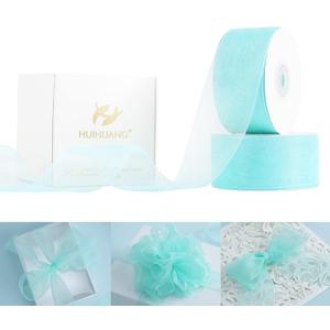 HUIHUANG Aqua Blue Organza Sheer Ribbon 1-1/2 inch Turquoise Transparent Organza Ribbons for Gift Wrap Floral Bouquet Bows Crafts Christmas Baby Shower Wedding Decor, 2 Rolls x 50 Yds Each Roll
