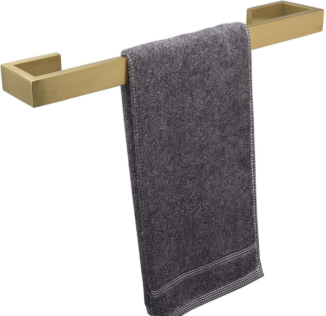 TocTen Bath Towel Rack - Square Base Thicken SUS304 Stainless Steel Towel Bar for Bathroom, Bathroom Bar Accessories Towel Rod Heavy Duty Wall Mounted Towel Holder (Brushed Gold, 16 Inch)