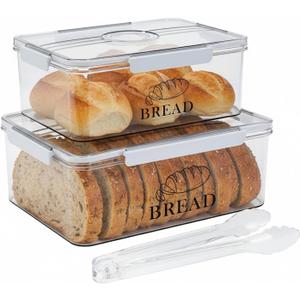 2Pack Bread Box for Kitchen Countertop,Airtight Bread Container Boxes with Toaster Tongs,Time Recording Breads Keeper with Lid,Bread Storage Container For Homemade Breads,Toast,And Cookies,Kitchen