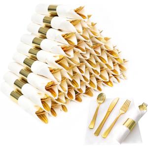 50 Pack Pre Rolled Gold Plastic Silverware Set,Wrapped Plastic Cutlery Set with Napkin Include 50 Forks,50 Spoons,50 Knives and 50 White Napkins for Party, Wedding,Christmas