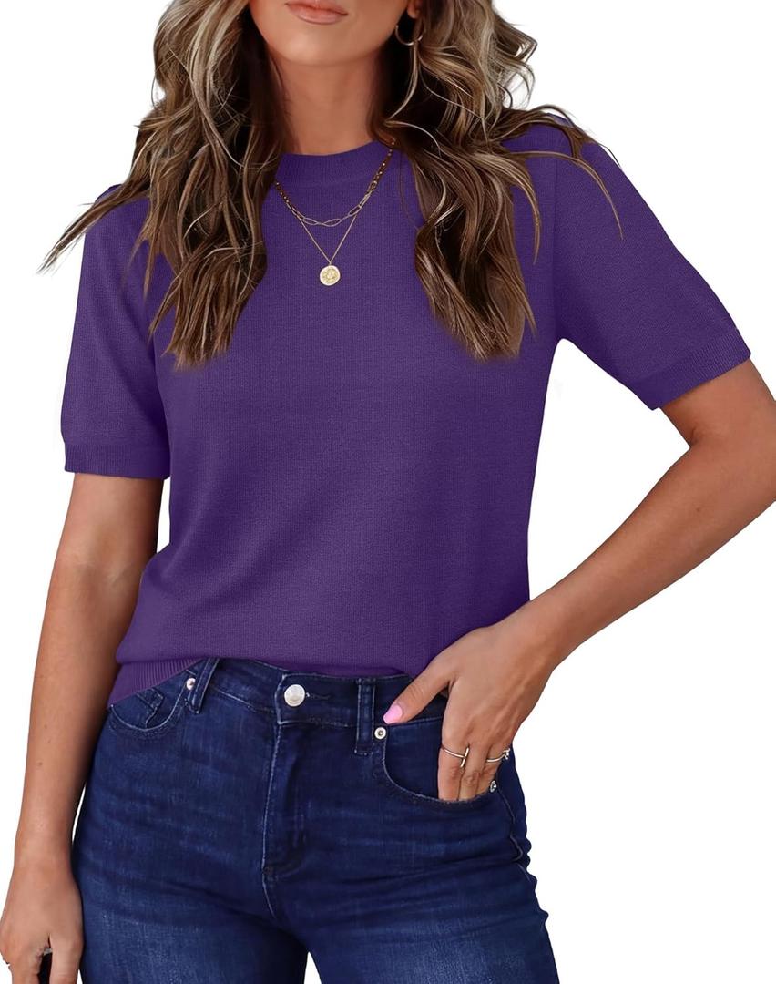 RUMIA Short Sleeve Sweaters for Women Summer Lightweight Loose Business Casual Tops (Purple, XL)