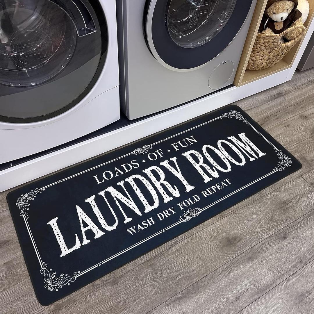ROMAMIGO Non Slip Laundry Runner Rug - Farmhouse Kitchen Floor Mat for Mudroom and Bathroom - Black, 20 X 47 Inches, Large