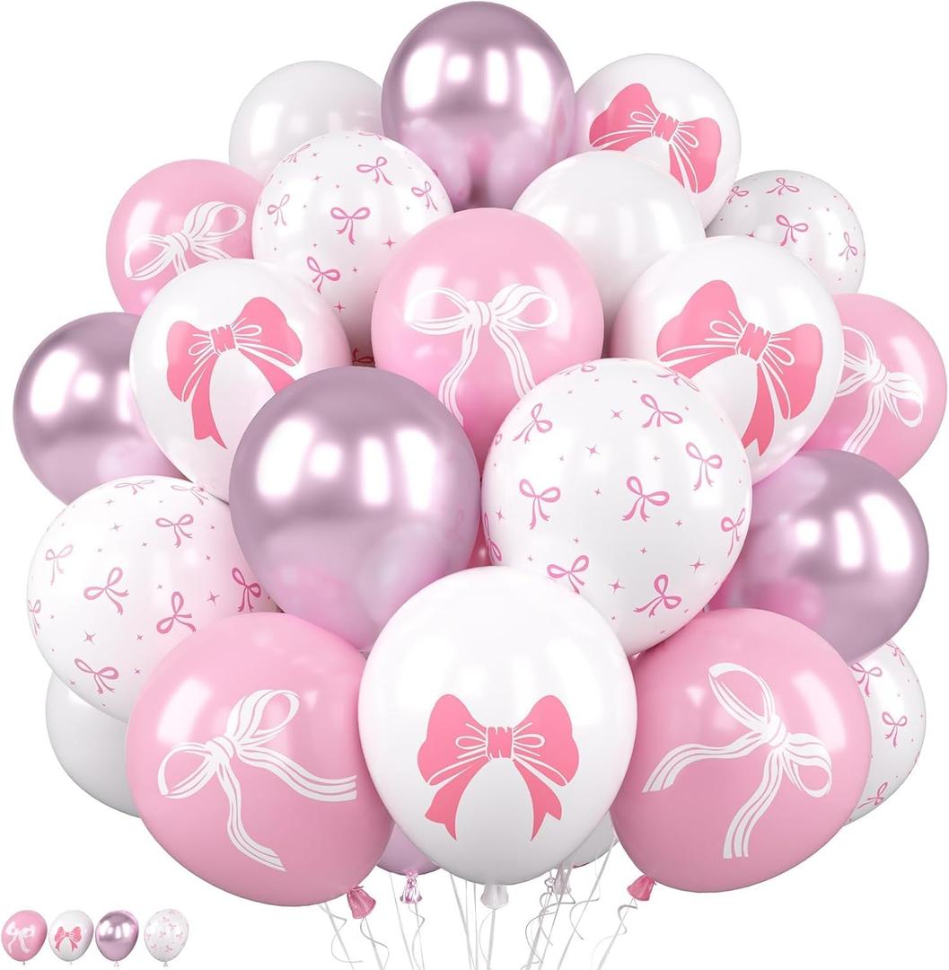 2 x Pink Bow Balloons, 50 Pcs for Girls Birthday Baby Shower Party | 12 Inch Light Pink Pastel Pink White Metallic Bow Print Latex Balloons for Women Princess Bridal Bachelorette Party Decor