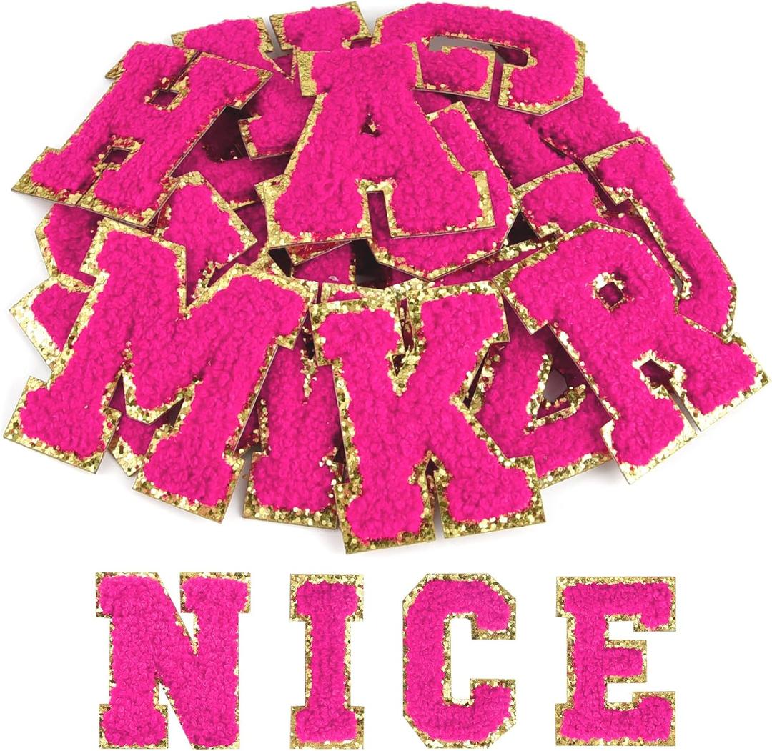 ASTARON 26 Pcs Self Adhesive Letter Patches Chenille Letters Stickers, A-Z Embroidered Applique Patches Alphabet Cloth Patch for Clothes, Bags, Hat, Phone Case, DIY Accessories (Rose)