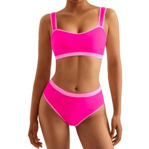MOOSLOVER Women Sporty Color Block Bikini Sets Cheeky High Cut Two Piece Swimsuit (Small, Pink)