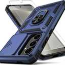 For Samsung Galaxy S24 FE Case,with Camera Lens Cover HD Screen Protector,[Military Grade] Ring Car Mount Kickstand Hybrid Hard PC Soft TPU Shockproof Protective Case for Galaxy S24 FE, Blue