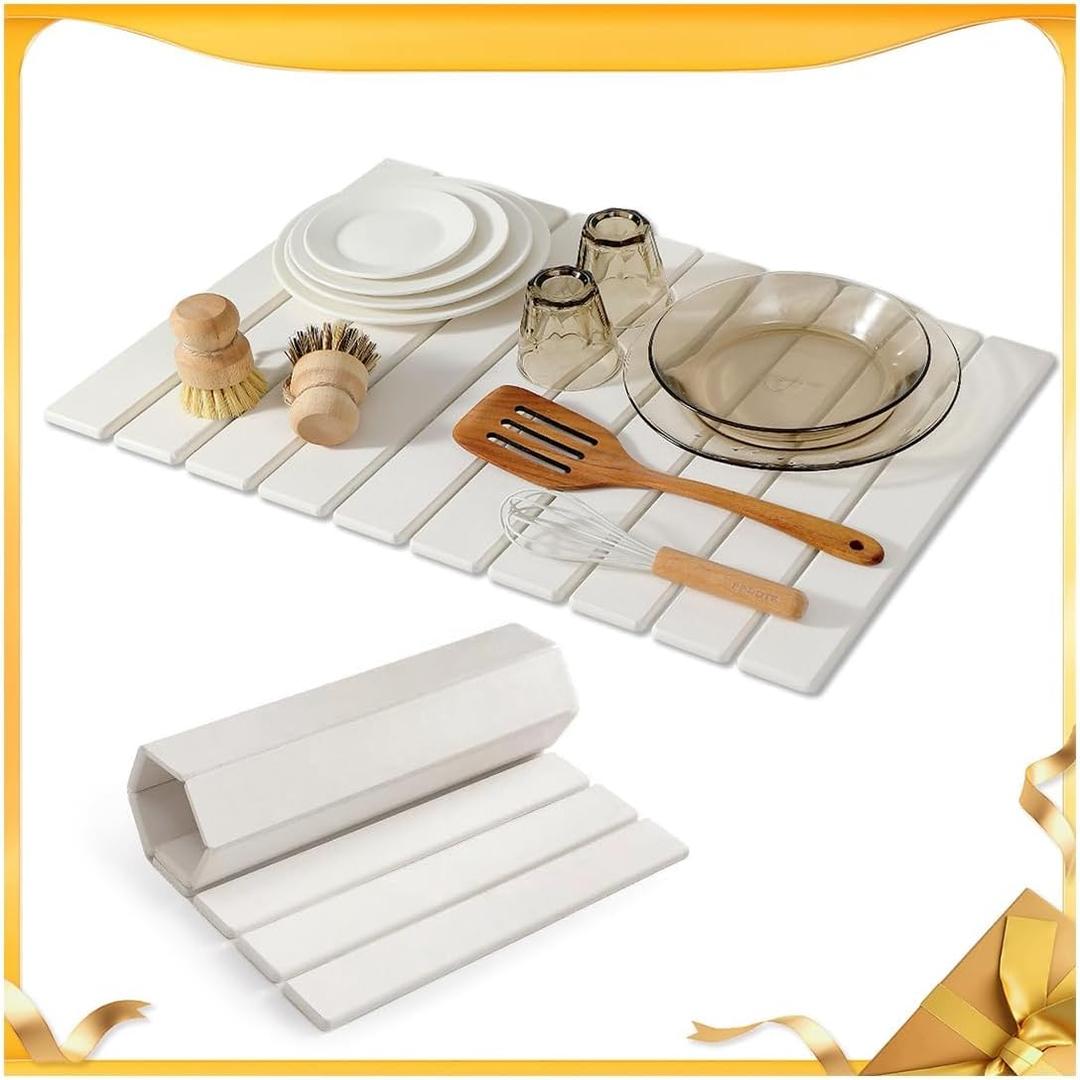 Large Stone Drying Mat for Kitchen Counter, 2416 Inch Diatomaceous Earth Dish Drying Stone for Fast Absorbent, Collapsible Quick-Dry Draining Mat for Dishes Cookware Cups Any Countertop