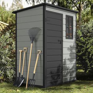 DWVO 5x3ft Resin Outdoor Storage Shed with Floor, Waterproof Lockable Storage Shed with Window, Plastic Outside Tool Storage for Garden, Backyard, Patio, Lawn,Blue-Gray+Black