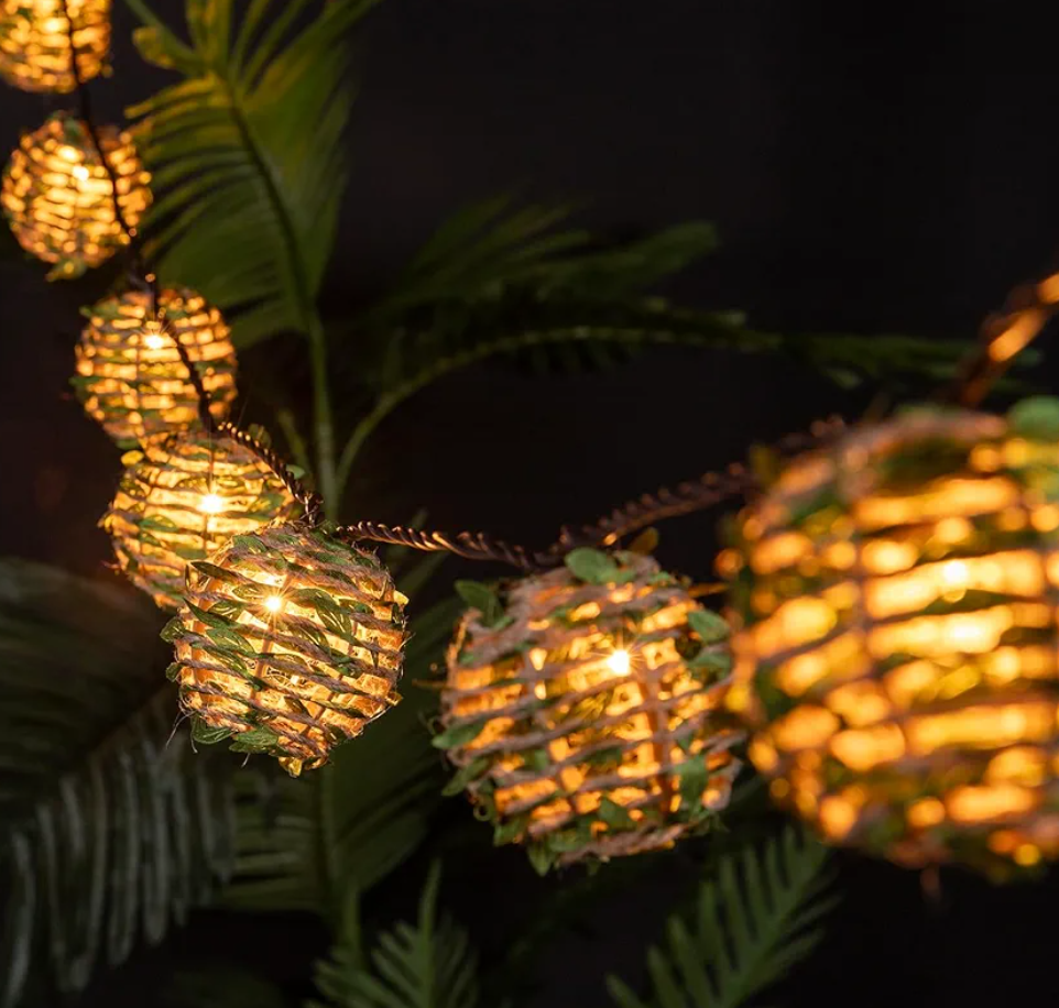 Decorative Lantern String Lights, Outdoor Plug in Hanging Lights with 10 Natural Hemp Rope Leaf Balls, Connectable Weatherproof Patio Globe Boho String Lights for Home Pergola Porch Party Backyard