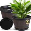 Myfeegoin 16-inch-Large-Pots-for-Plant-Outdoor, 4 Pack Plastic Whiskey Barrel Planters Plant Pots with Drainage Hole & Saucer, Decorative Indoor Flower Pot for House Garden Porch