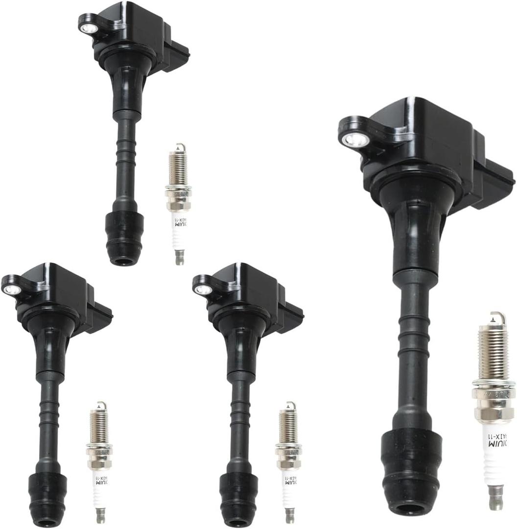 UF351 Ignition Coil Pack Iridium Spark Plugs Set of 4 Fits For Nissan 2001 2002 2003 2004 2005 2006 Almera Sentra L4 1.8L Replacement for 22448-6N015 22448-6N011 C1397 5C1394