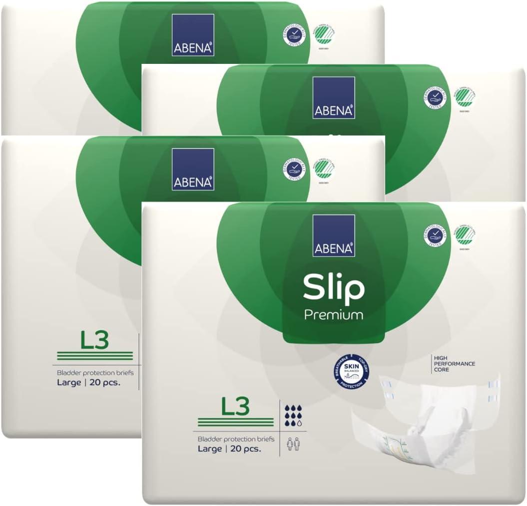 Abena Premium Adult Diapers, Abena Slip Disposable Incontinence Briefs, Heavy Absorbency, Level 3, Large, 80 Count